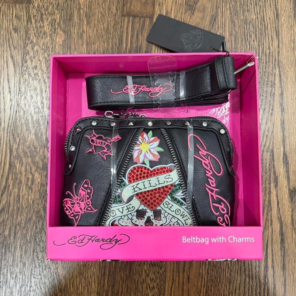 NWT ed hardy black and pink crossbody belt bag with charms y2k